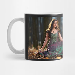 Beautiful woman in green dress outdoor Mug